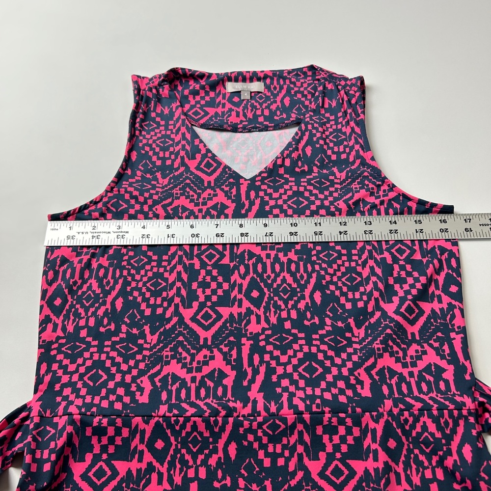 Ellie Kai Pink Navy Geometric Ikat Print VNeck Sleeveless Tie Waist Dress Size 4 - Picture 6 of 11
